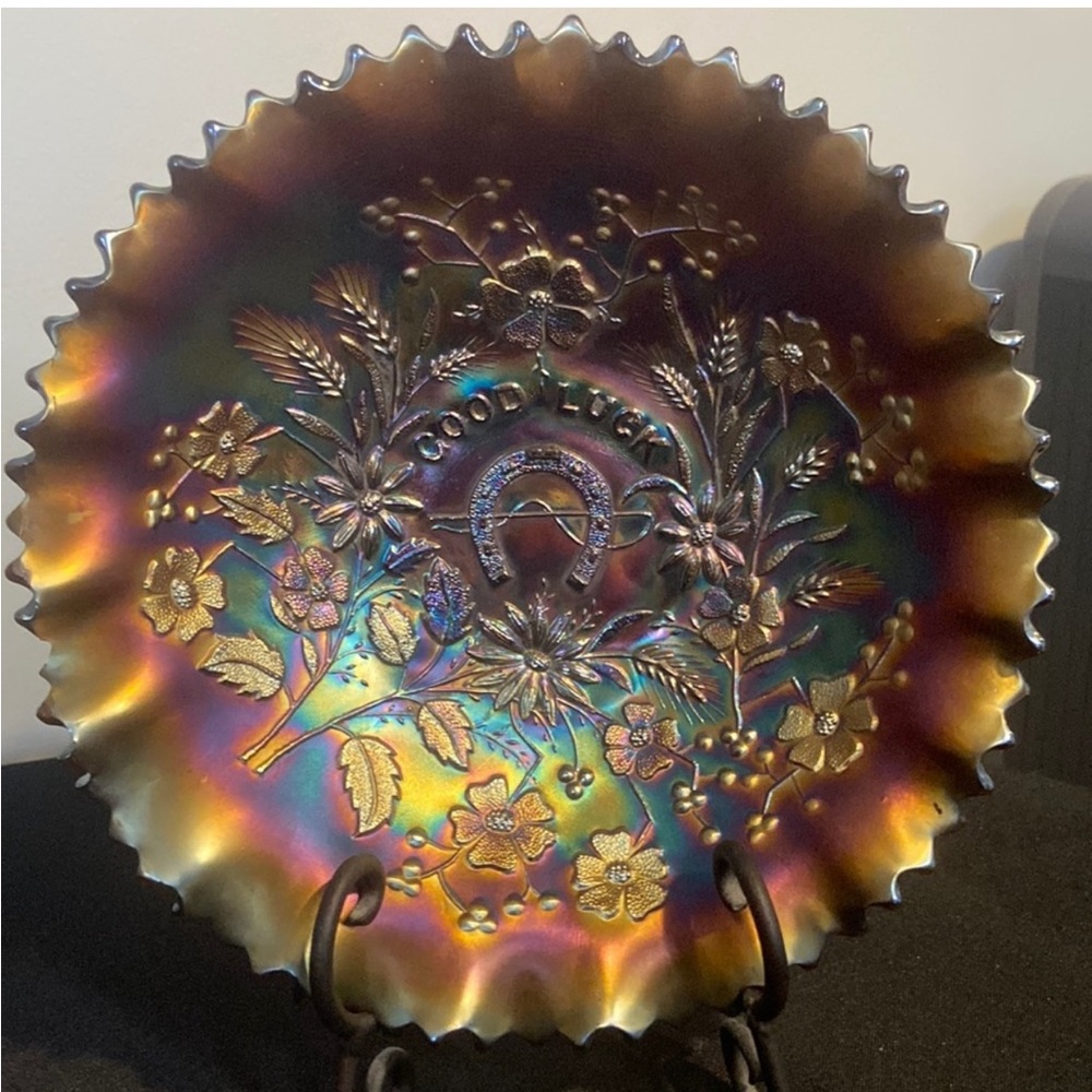 Antique RARE Northwood Good Luck Carnival Glass Plate, Chip on Back